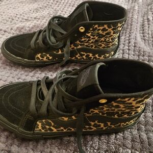 Vans Black and Leopard Print High-Top Sneakers